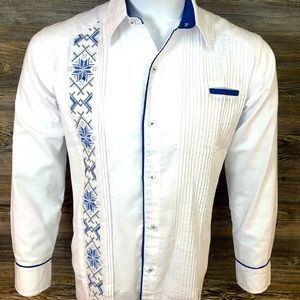 Mexican Guayabera Shirt Long Sleeve White Linen Blue Embroidery Handcrafted